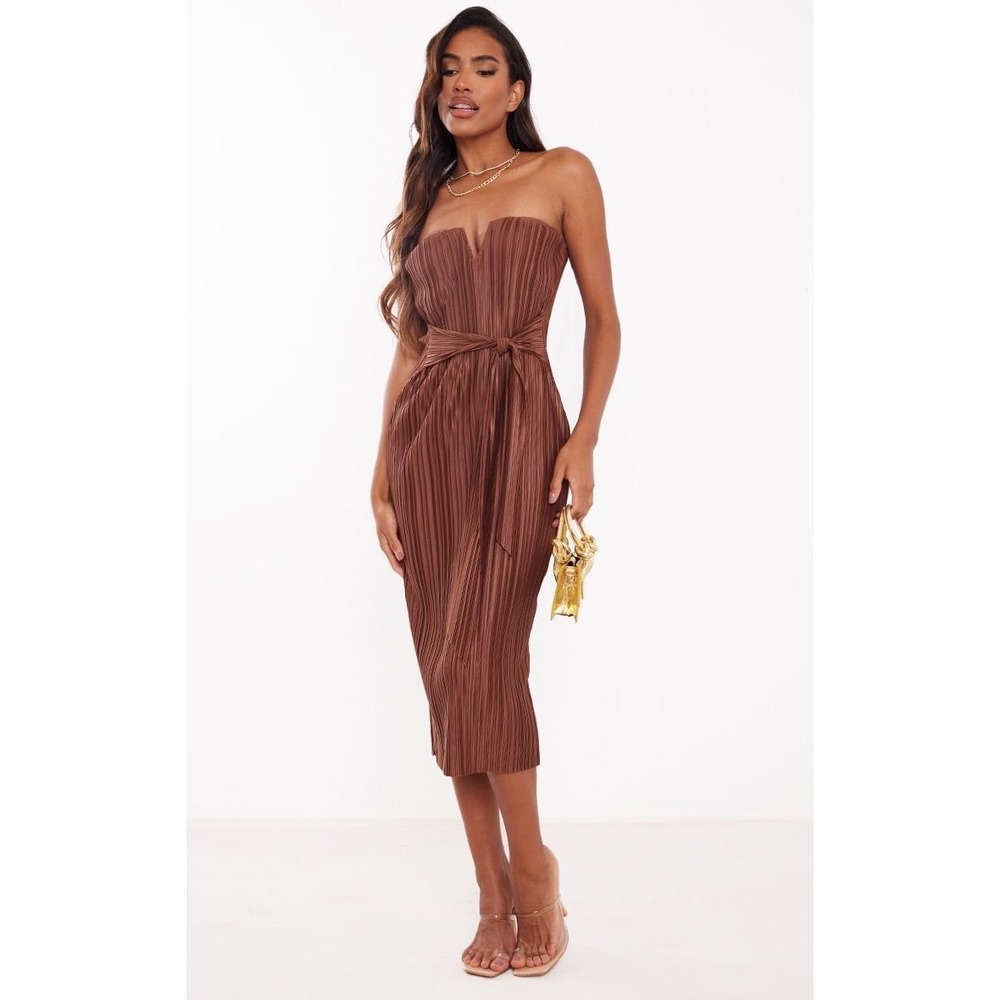 New PrettyLittleThing Chocolate Brown Plisse V Bar Tie Waist Midi Dress Size 4